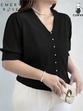 Emery Rose Pearl-Button Black V-Neck Blouse